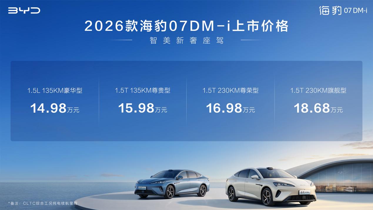 搭载TSC爆胎系统等超百项全系标配配置，2026款海豹07DM-i上市，14.98万起